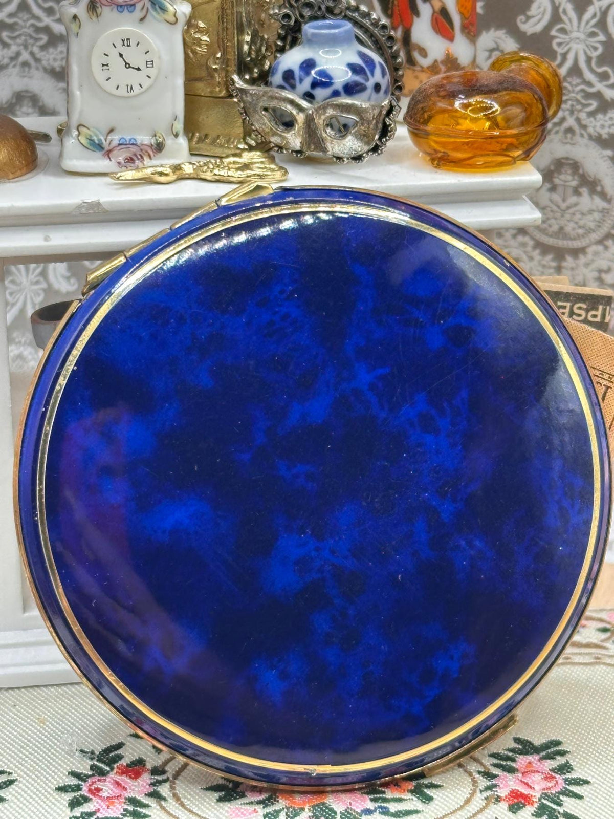 Vintage Blue Mottled Enamel Powder Compact with Gold Tone Trim