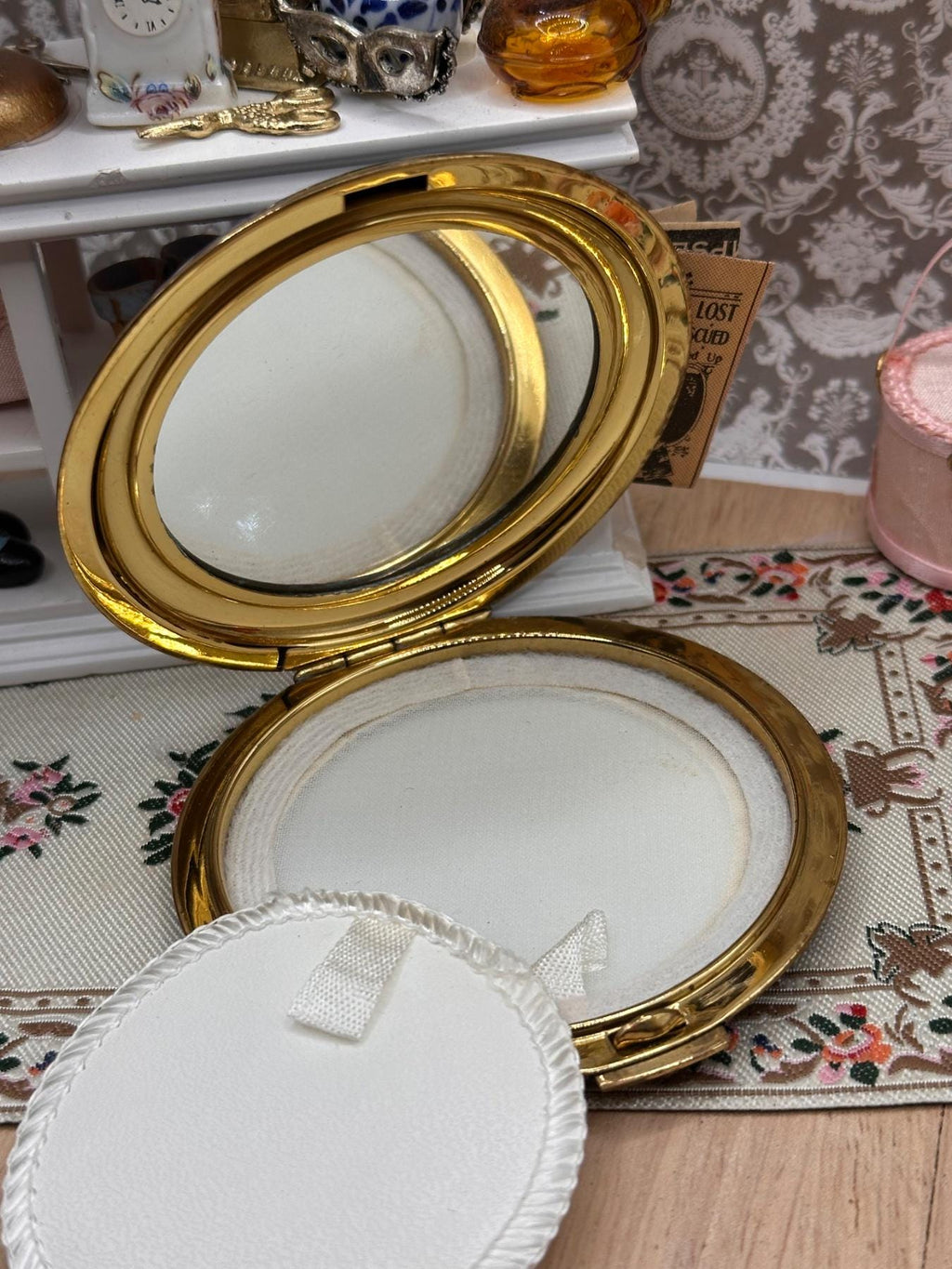 Vintage Blue Mottled Enamel Powder Compact with Gold Tone Trim