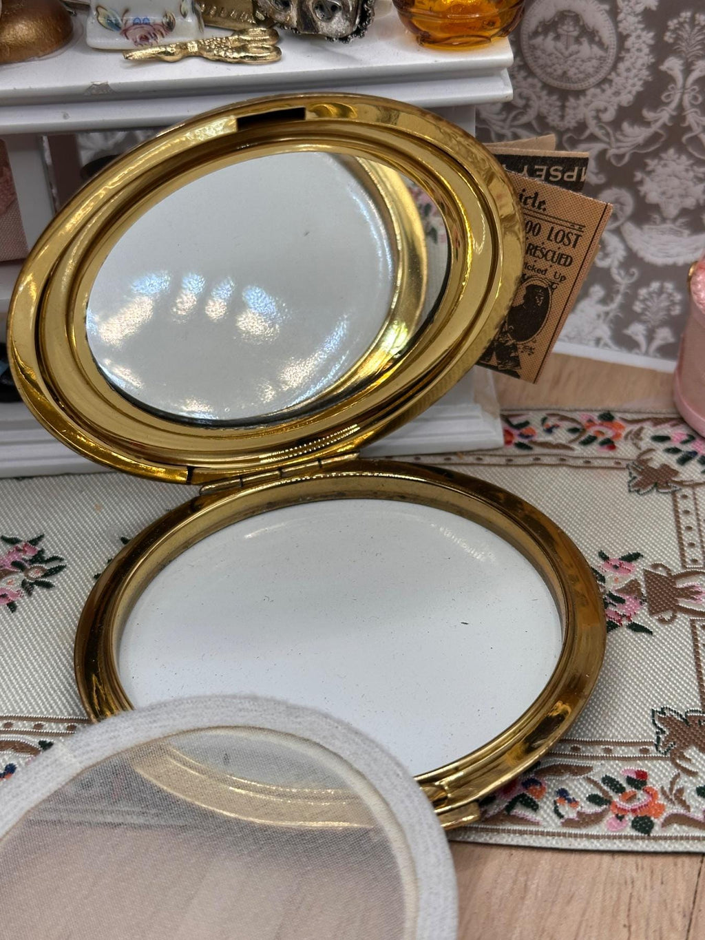 Vintage Blue Mottled Enamel Powder Compact with Gold Tone Trim