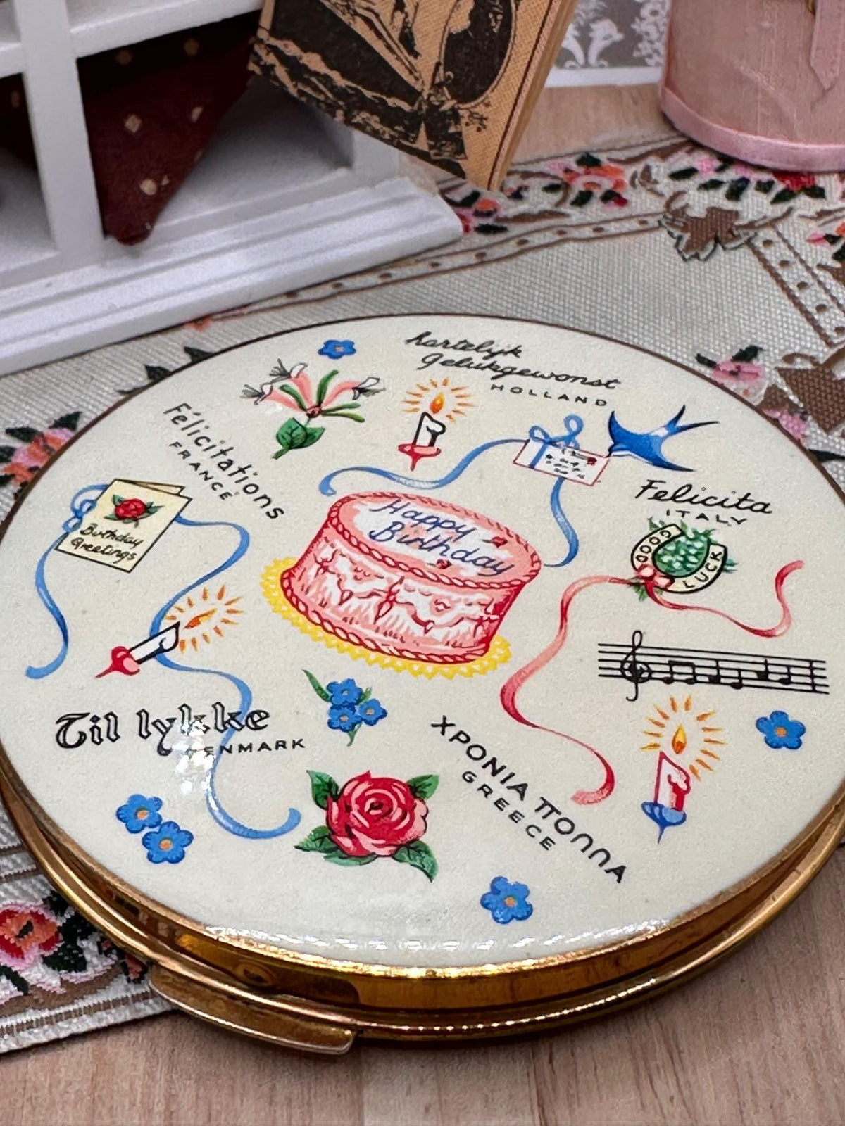 Rare Vintage Stratton Happy Birthday Powder Compact – Multilingual Enamel Design