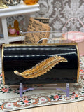 Kigu Vintage Cigarette Case Black Enamel Gold Feather Leaf Barrel Case