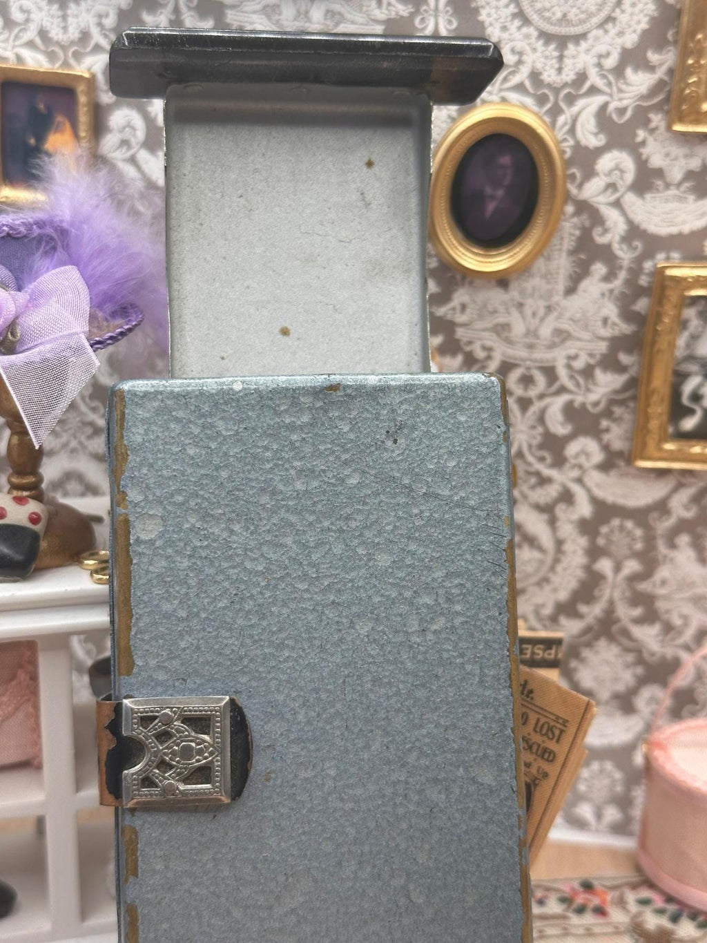 Vintage Blue Hammered Metal Minaudière Vanity Case with Comb, Puffs & Lipstick Holder