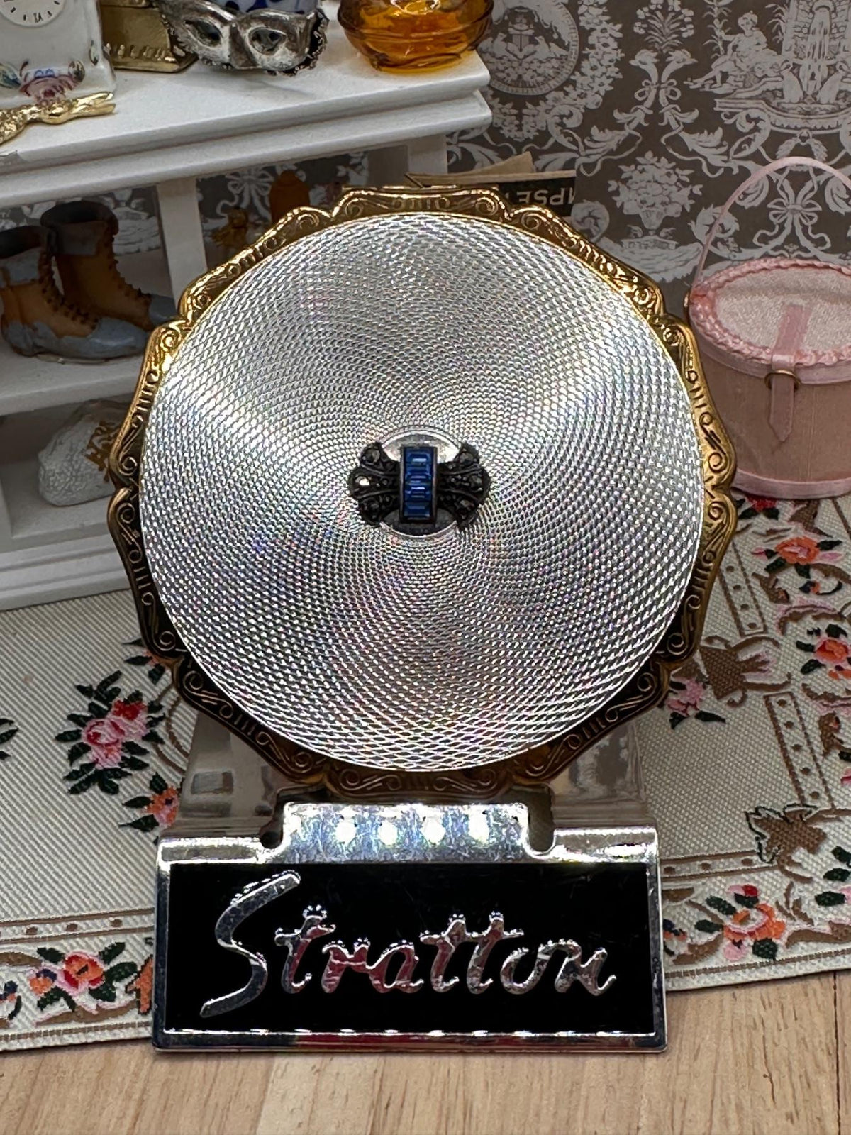 Vintage Stratton Powder Compact Two Tone Blue Stone Clasp Art Deco Style