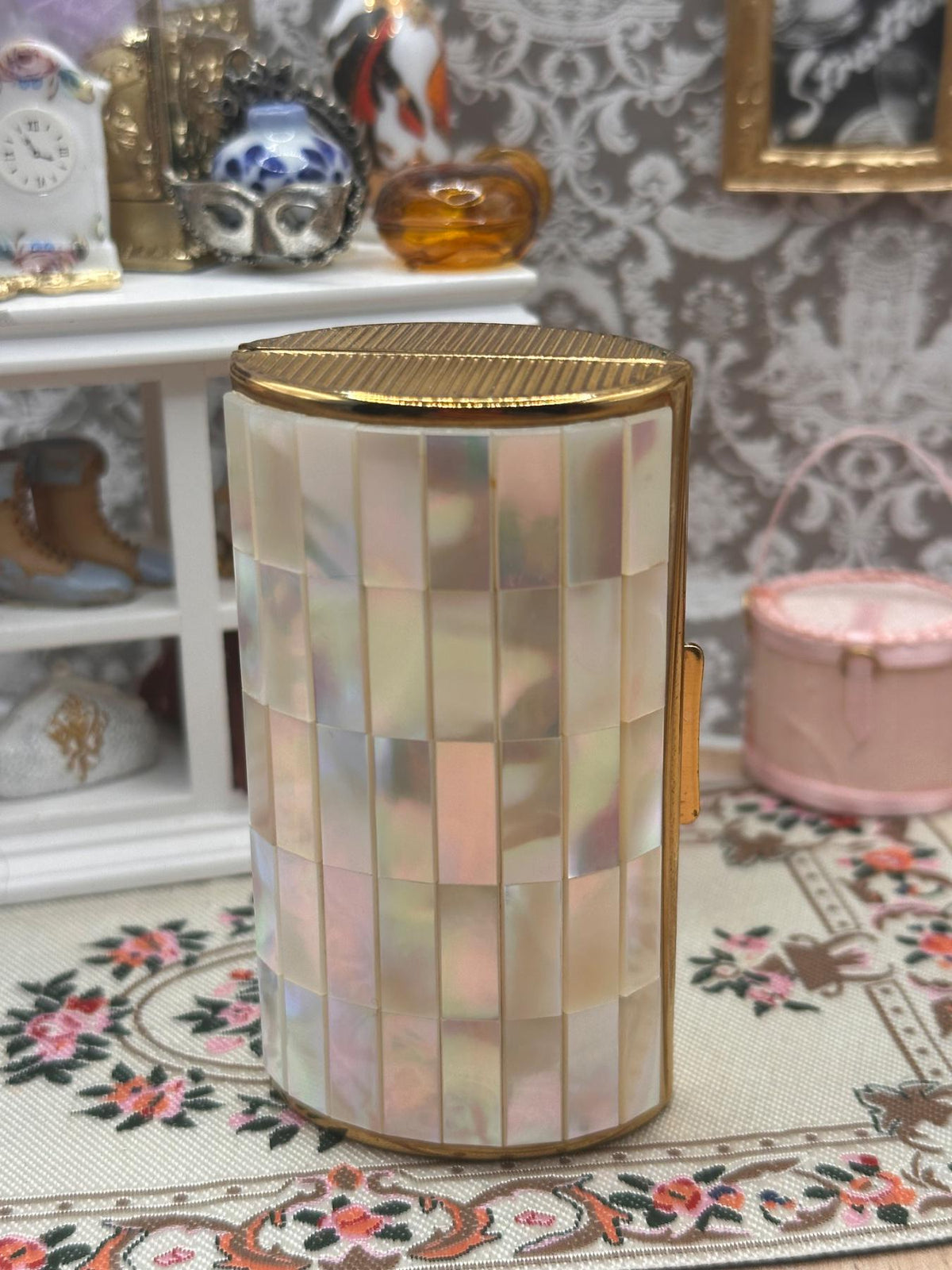 Kigu Vintage Cigarette Case Barrel Mother of Pearl Mosaic with Protective Pouch