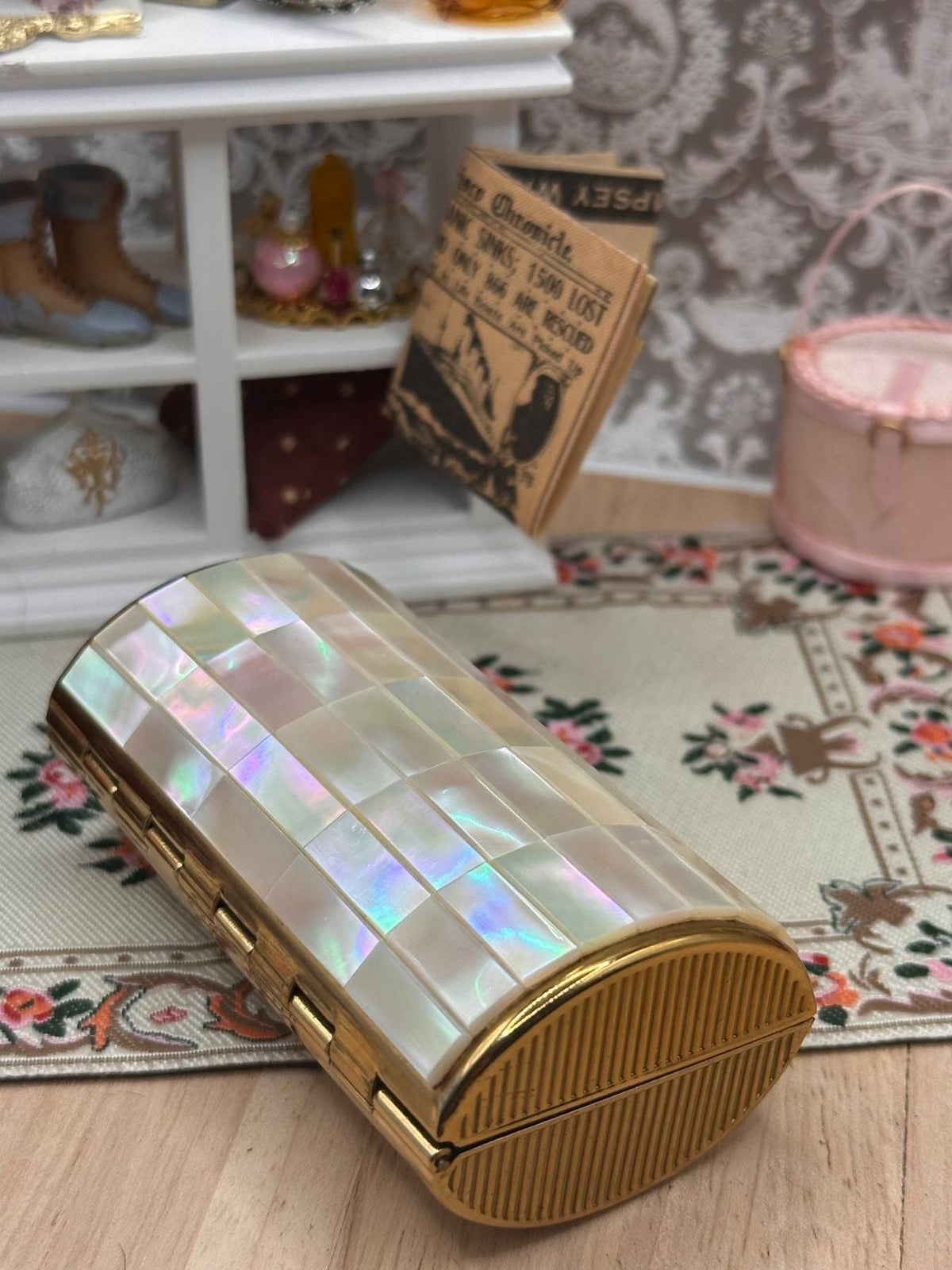 Kigu Vintage Cigarette Case Barrel Mother of Pearl Mosaic with Protective Pouch