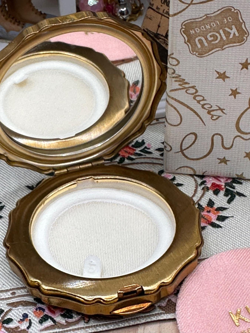 Vintage Kigu Mini Powder Compact, Black Floral Gold Tone, Boxed, 1950s