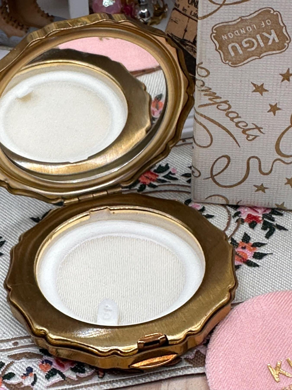 Vintage Kigu Mini Powder Compact, Black Floral Gold Tone, Boxed, 1950s