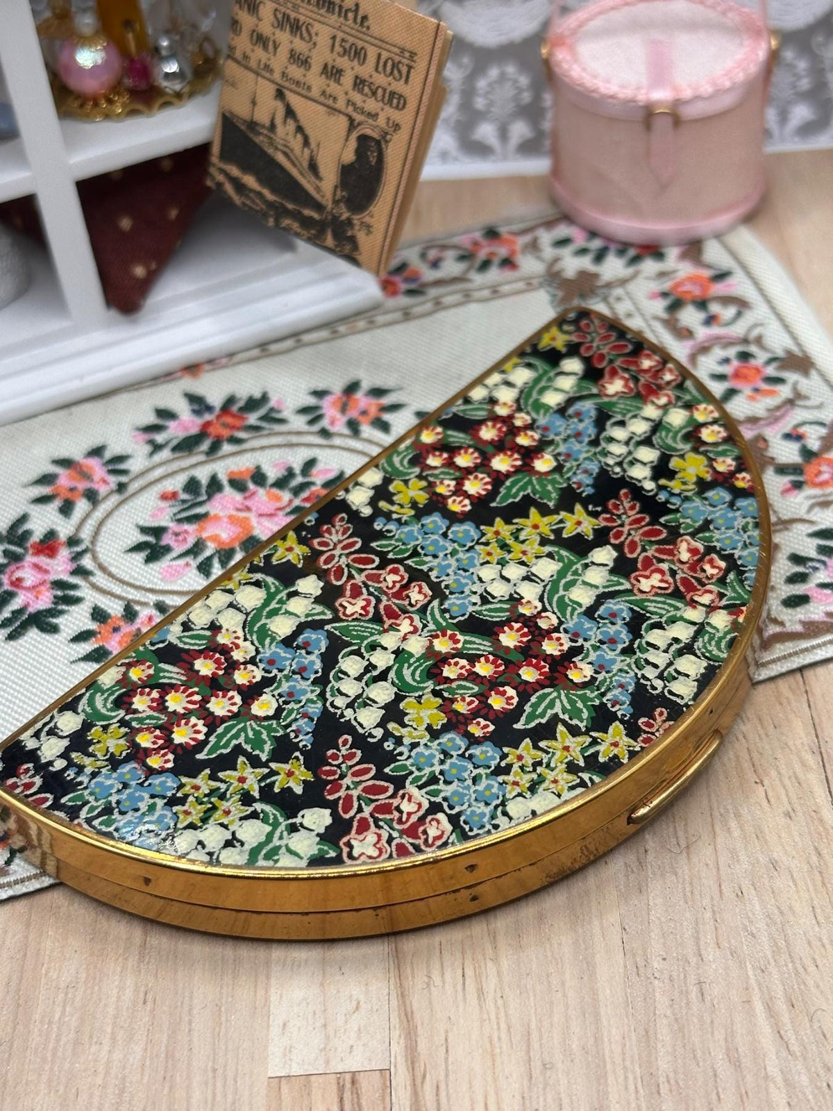 Vintage Half Moon Powder Compact Floral Panel Gold Tone 1950s