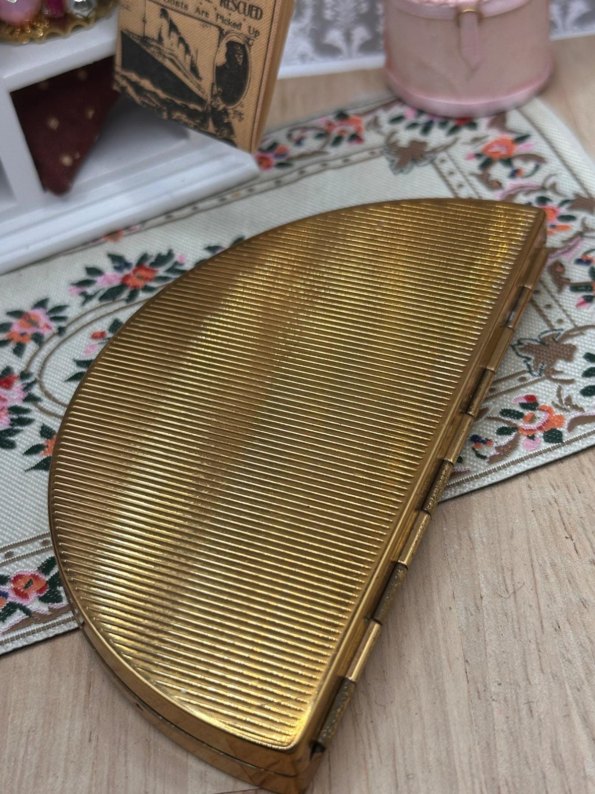 Vintage Half Moon Powder Compact Floral Panel Gold Tone 1950s
