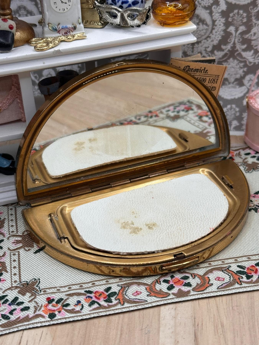 Vintage Half Moon Powder Compact Floral Panel Gold Tone 1950s