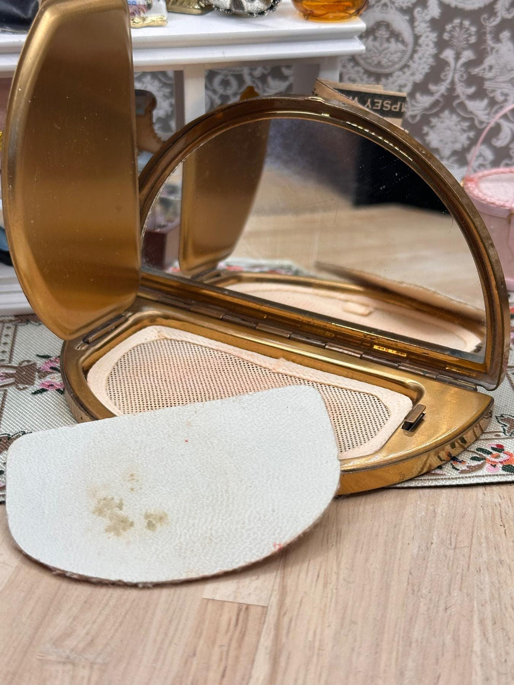 Vintage Half Moon Powder Compact Floral Panel Gold Tone 1950s