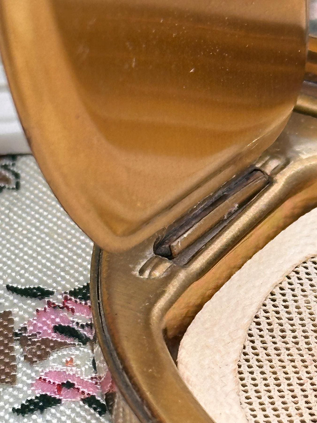 Vintage Half Moon Powder Compact Floral Panel Gold Tone 1950s
