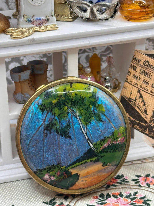 1930s Coty Paris Butterfly Wing Powder Compact – Blue Morpho Hand Painted Woodland Scene