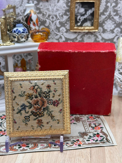 Mint Regent of London Petit-Point Powder Compact: 1950s Gold Vanity, Boxed