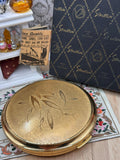 Vintage Stratton Convertible Powder Compact, Boxed Goldtone Leaf Design with Puff & Sifter, 1950s
