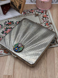 Vintage Dubarry Vani-Jack Loose Powder Compact, Wavy Engine Turned Silver Tone with Enamel Floral Trim