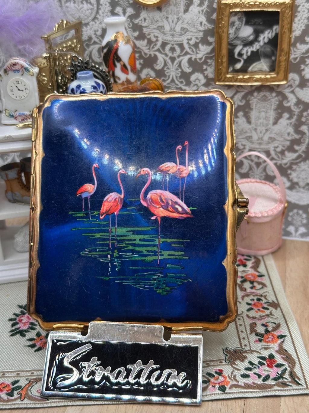 Vintage Stratton Cigarette Case with Blue Flamingo Panel, Gold Tone Metal, 1950s