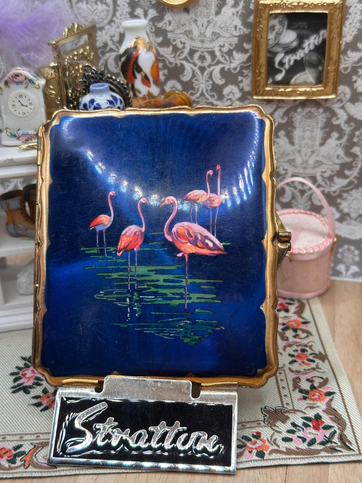 Vintage Stratton Cigarette Case with Blue Flamingo Panel, Gold Tone Metal, 1950s