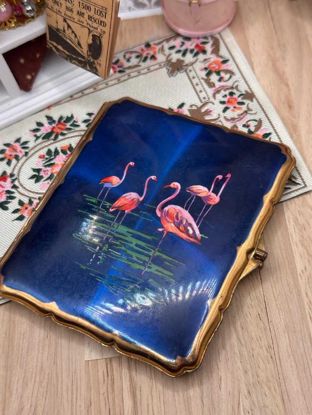 Vintage Stratton Cigarette Case with Blue Flamingo Panel, Gold Tone Metal, 1950s