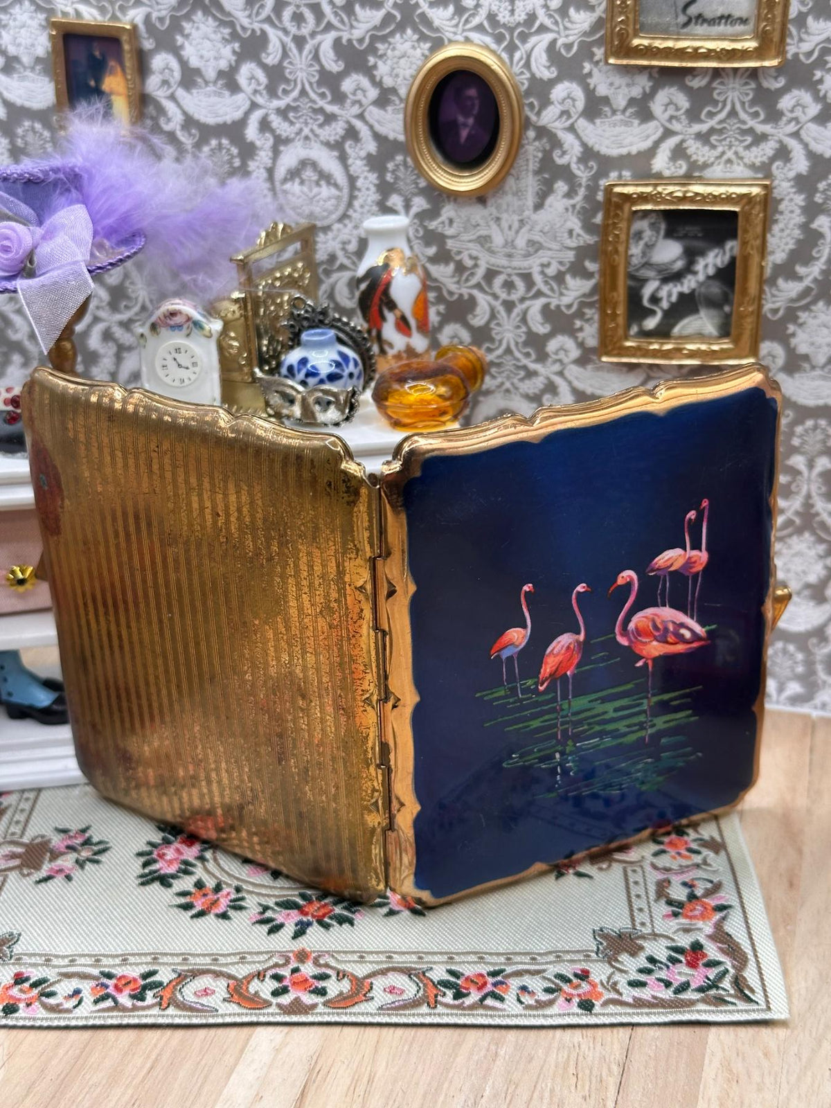 Vintage Stratton Cigarette Case with Blue Flamingo Panel, Gold Tone Metal, 1950s