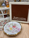 Vintage Stratton Boxed Powder Compact White Floral Gold Tone with Puff and Spare Sifter