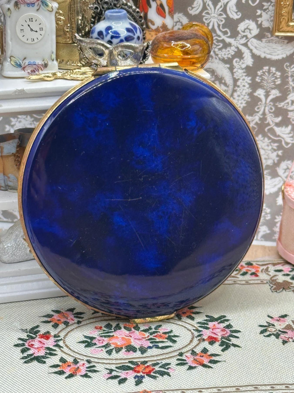 Vintage Blue Mottled Enamel Powder Compact with Gold Tone Trim