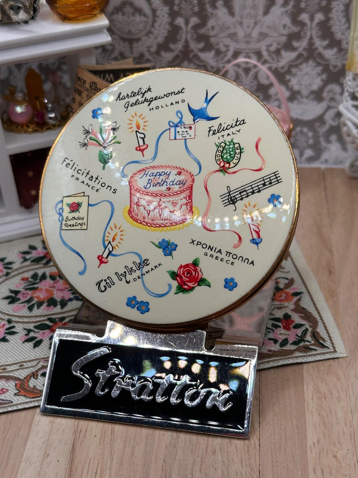 Rare Vintage Stratton Happy Birthday Powder Compact – Multilingual Enamel Design