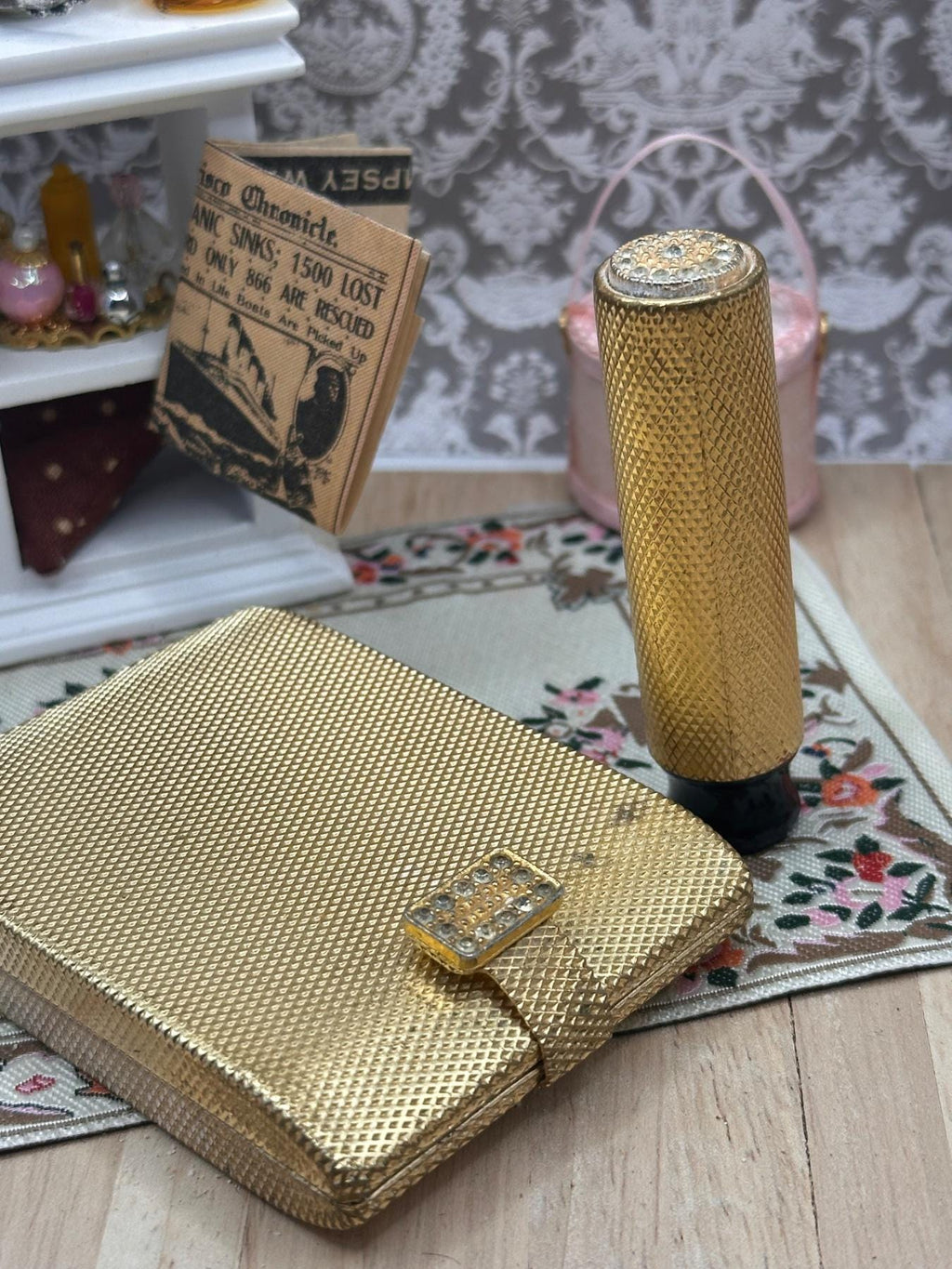 Vintage Max Factor Regency Powder Compact & Lipstick Holder, Gold Tone, Fabric Pouch, 1950s