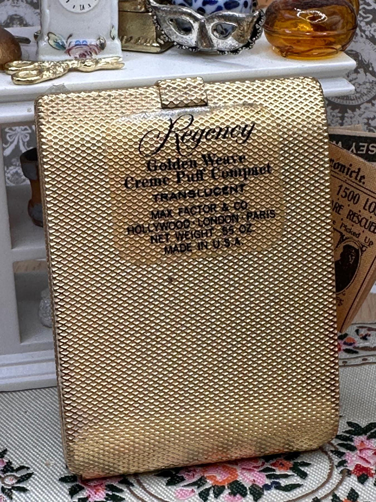 Vintage Max Factor Regency Powder Compact & Lipstick Holder, Gold Tone, Fabric Pouch, 1950s