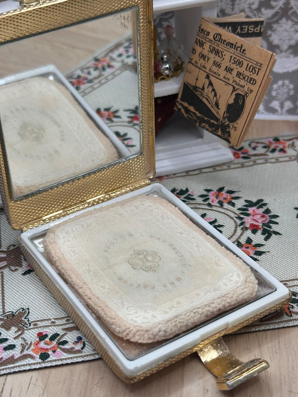 Vintage Max Factor Regency Powder Compact & Lipstick Holder, Gold Tone, Fabric Pouch, 1950s