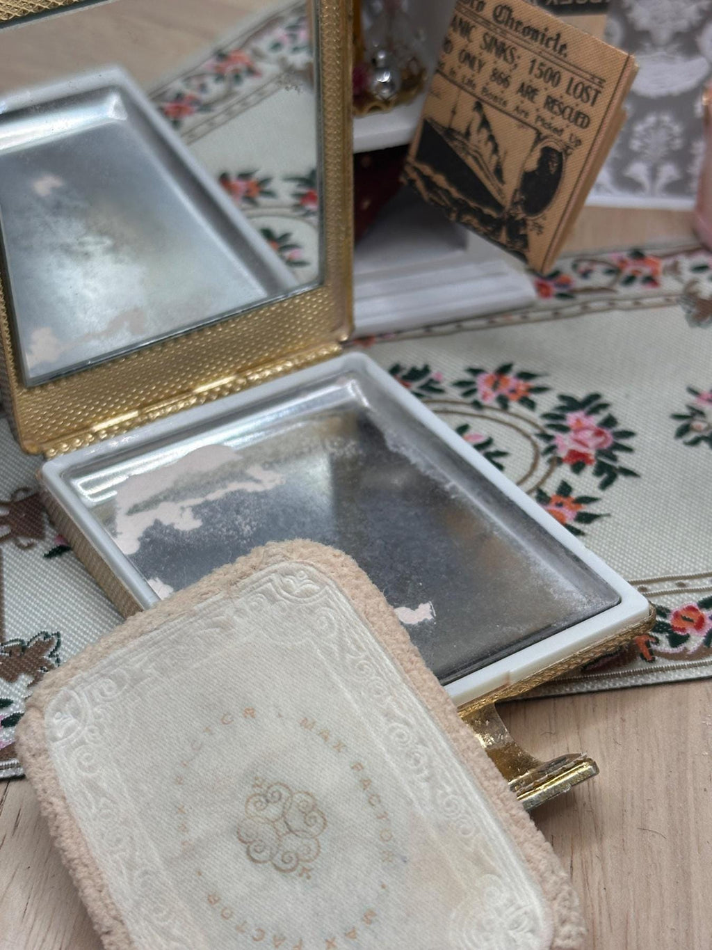 Vintage Max Factor Regency Powder Compact & Lipstick Holder, Gold Tone, Fabric Pouch, 1950s