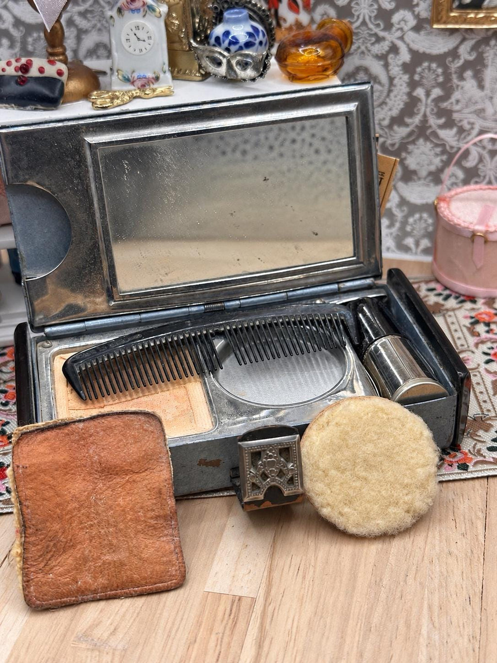 Vintage Blue Hammered Metal Minaudière Vanity Case with Comb, Puffs & Lipstick Holder
