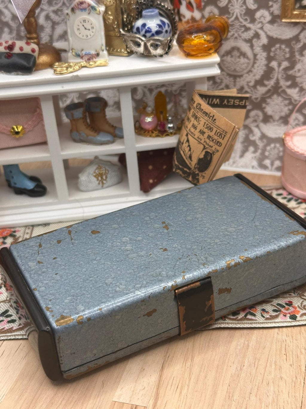Vintage Blue Hammered Metal Minaudière Vanity Case with Comb, Puffs & Lipstick Holder