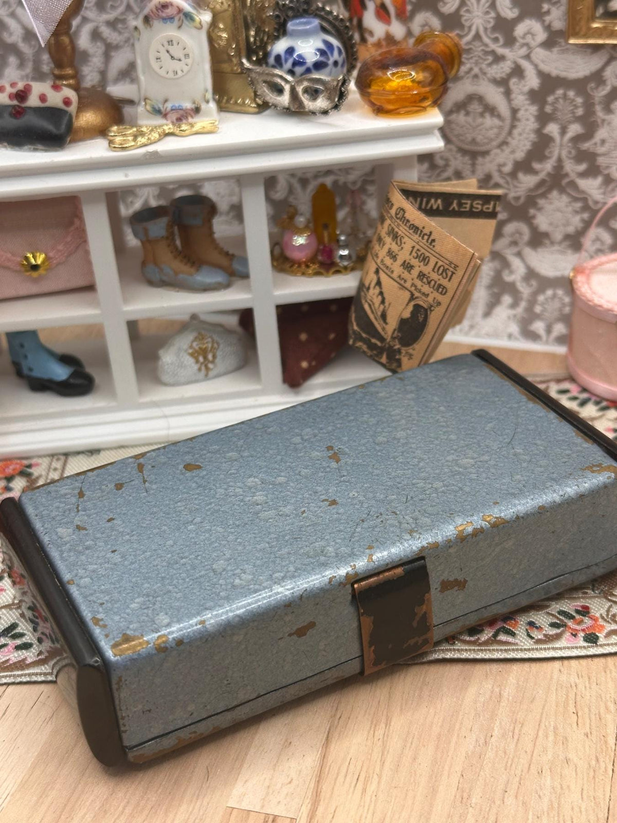 Vintage Blue Hammered Metal Minaudière Vanity Case with Comb, Puffs & Lipstick Holder