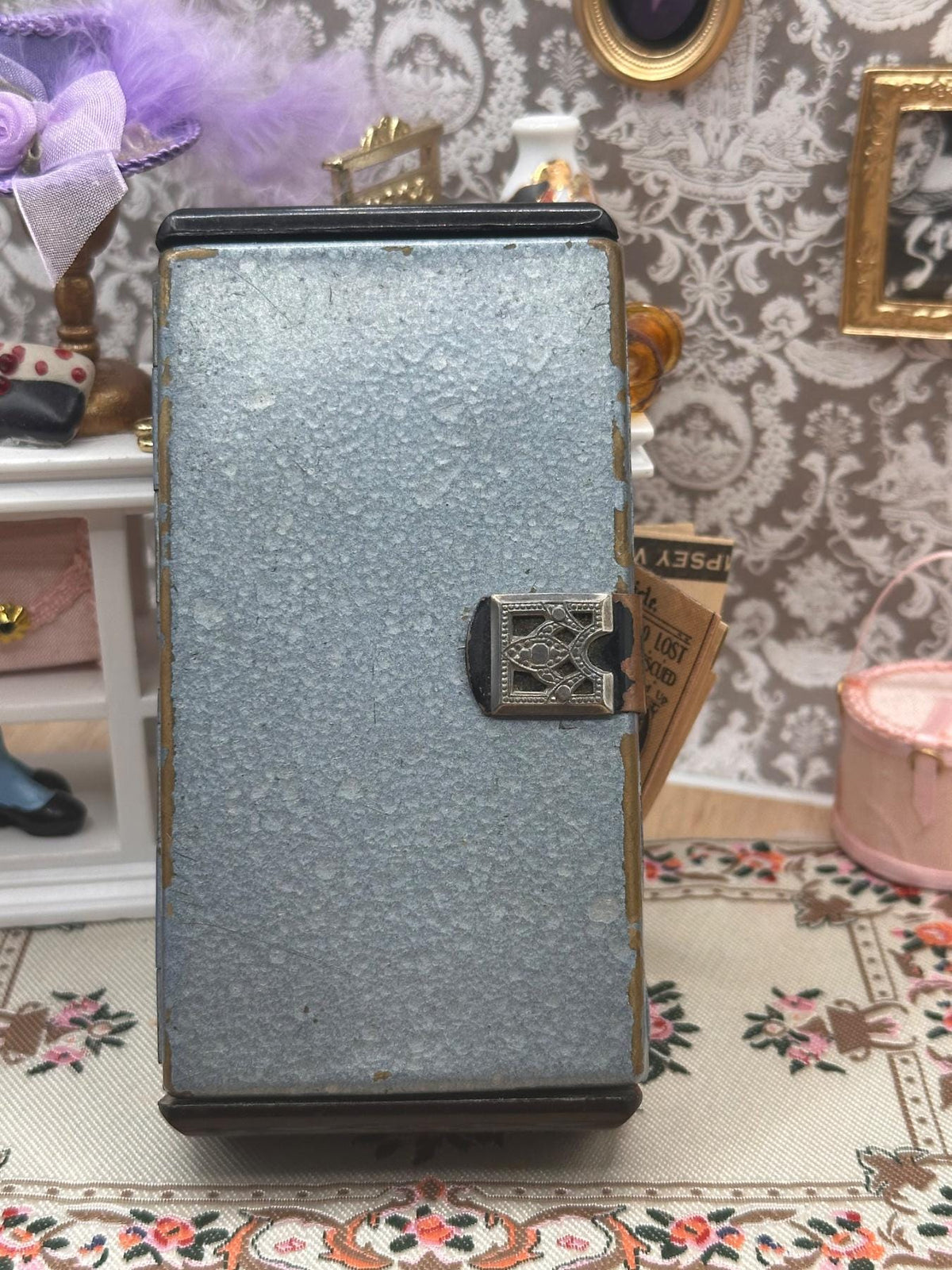 Vintage Blue Hammered Metal Minaudière Vanity Case with Comb, Puffs & Lipstick Holder