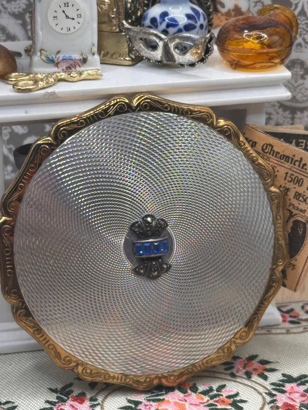 Vintage Stratton Powder Compact Two Tone Blue Stone Clasp Art Deco Style