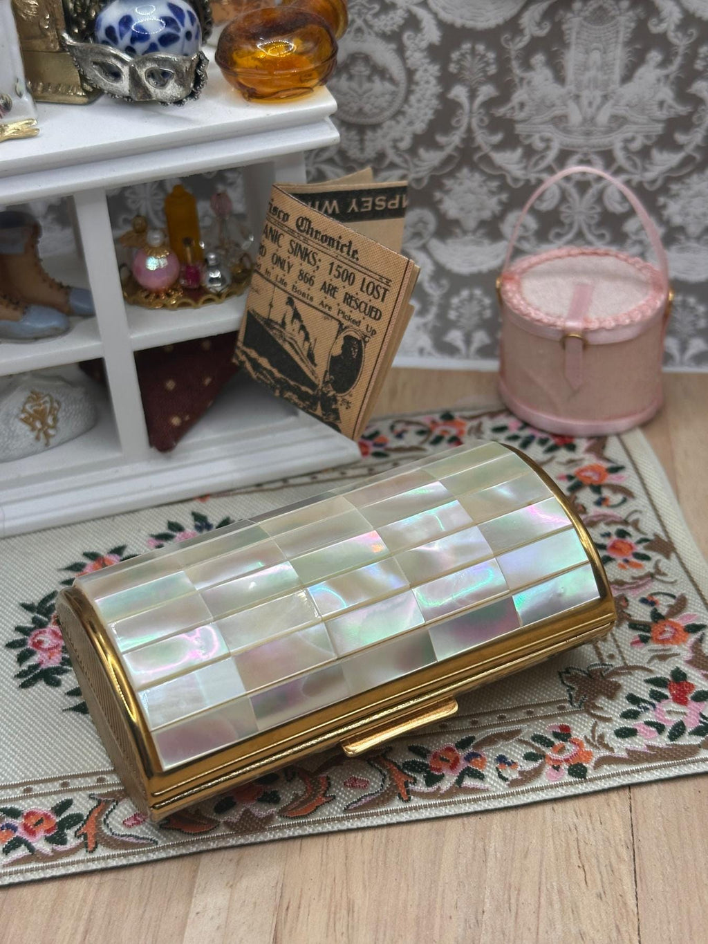 Kigu Vintage Cigarette Case Barrel Mother of Pearl Mosaic with Protective Pouch