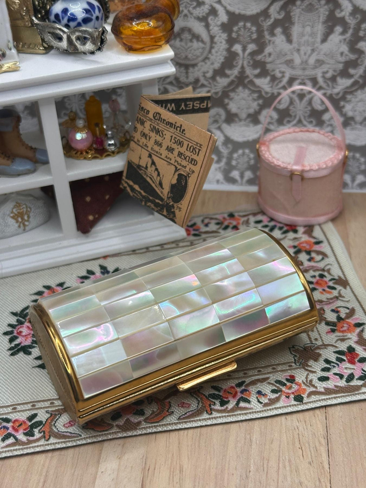 Kigu Vintage Cigarette Case Barrel Mother of Pearl Mosaic with Protective Pouch