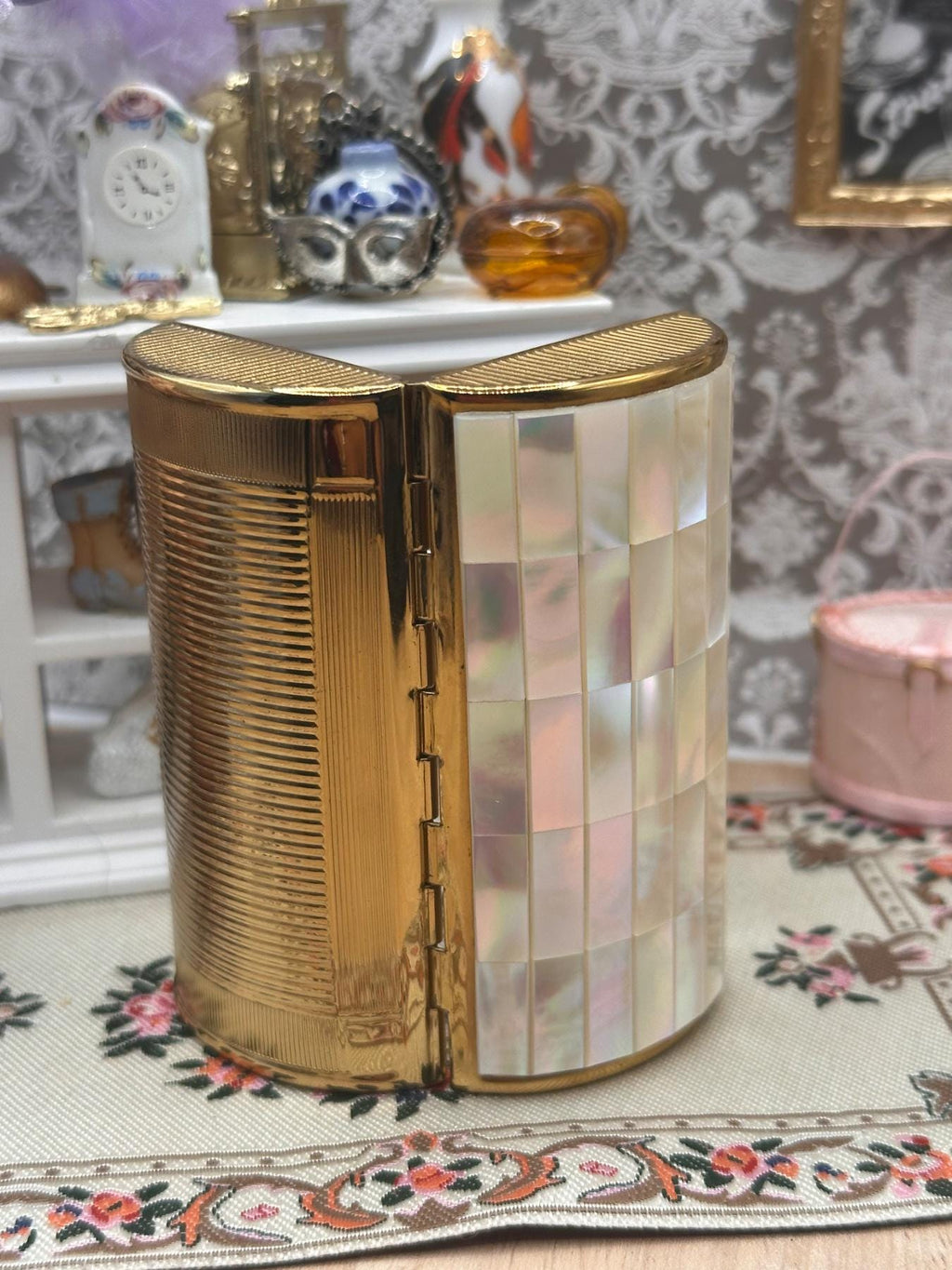 Kigu Vintage Cigarette Case Barrel Mother of Pearl Mosaic with Protective Pouch