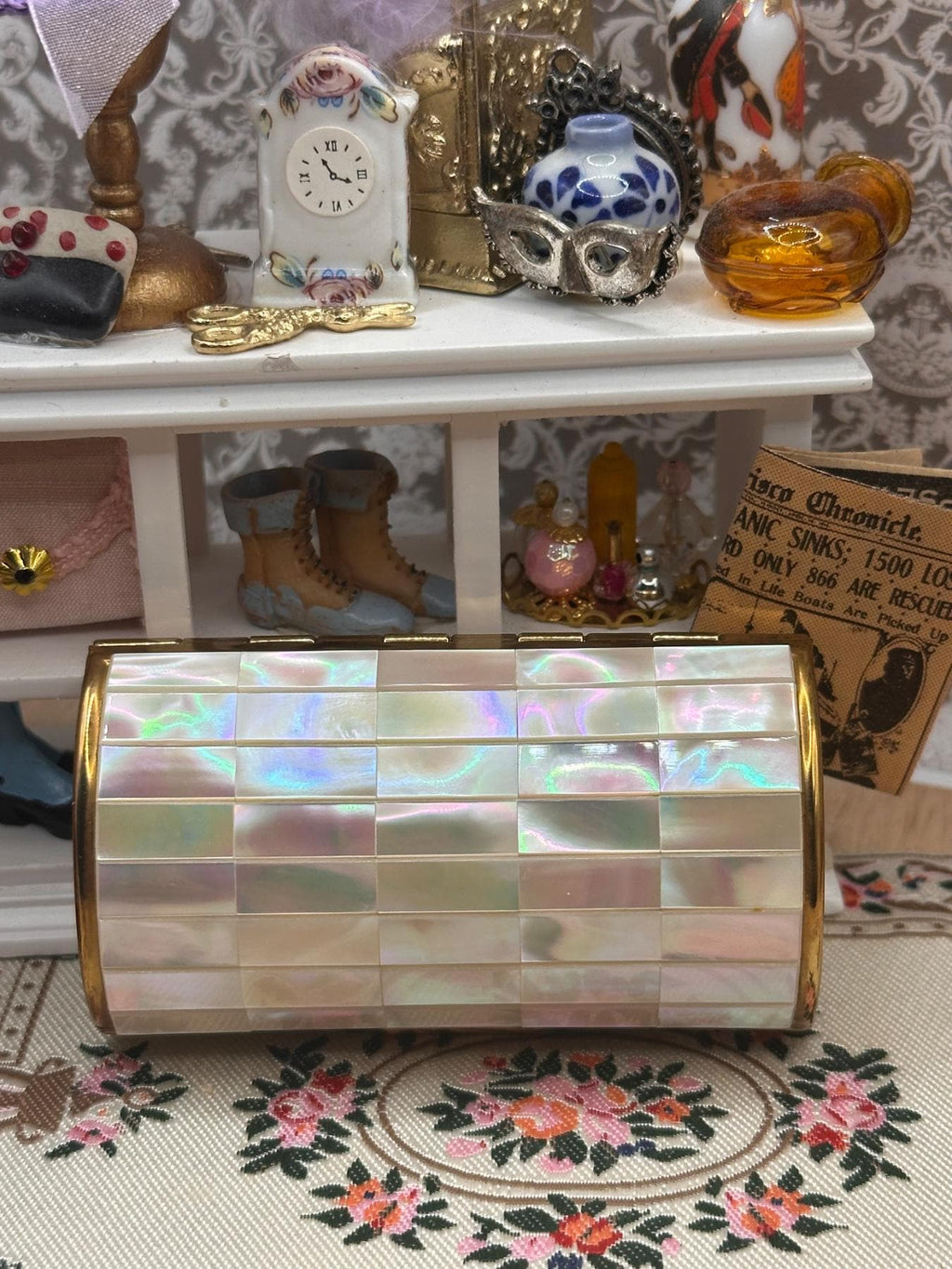 Kigu Vintage Cigarette Case Barrel Mother of Pearl Mosaic with Protective Pouch