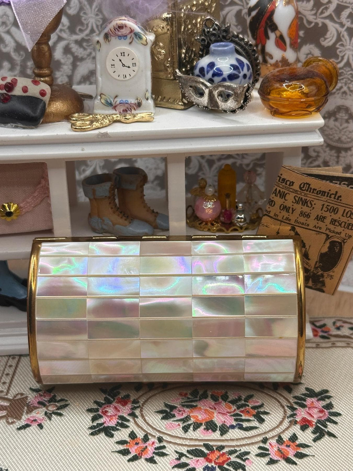 Kigu Vintage Cigarette Case Barrel Mother of Pearl Mosaic with Protective Pouch