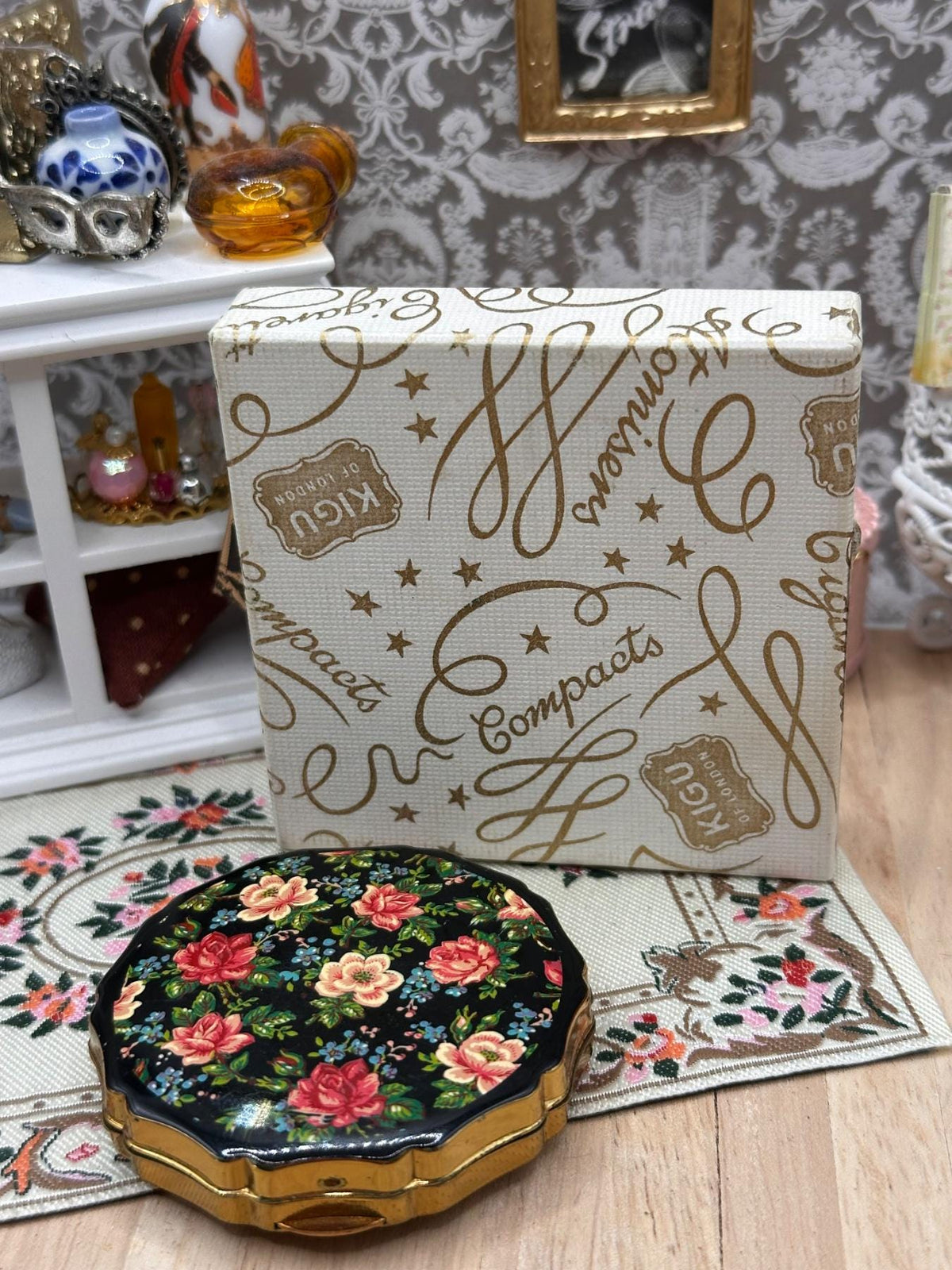 Vintage Kigu Mini Powder Compact, Black Floral Gold Tone, Boxed, 1950s