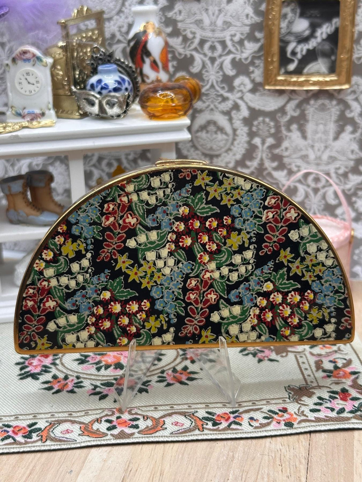 Vintage Half Moon Powder Compact Floral Panel Gold Tone 1950s