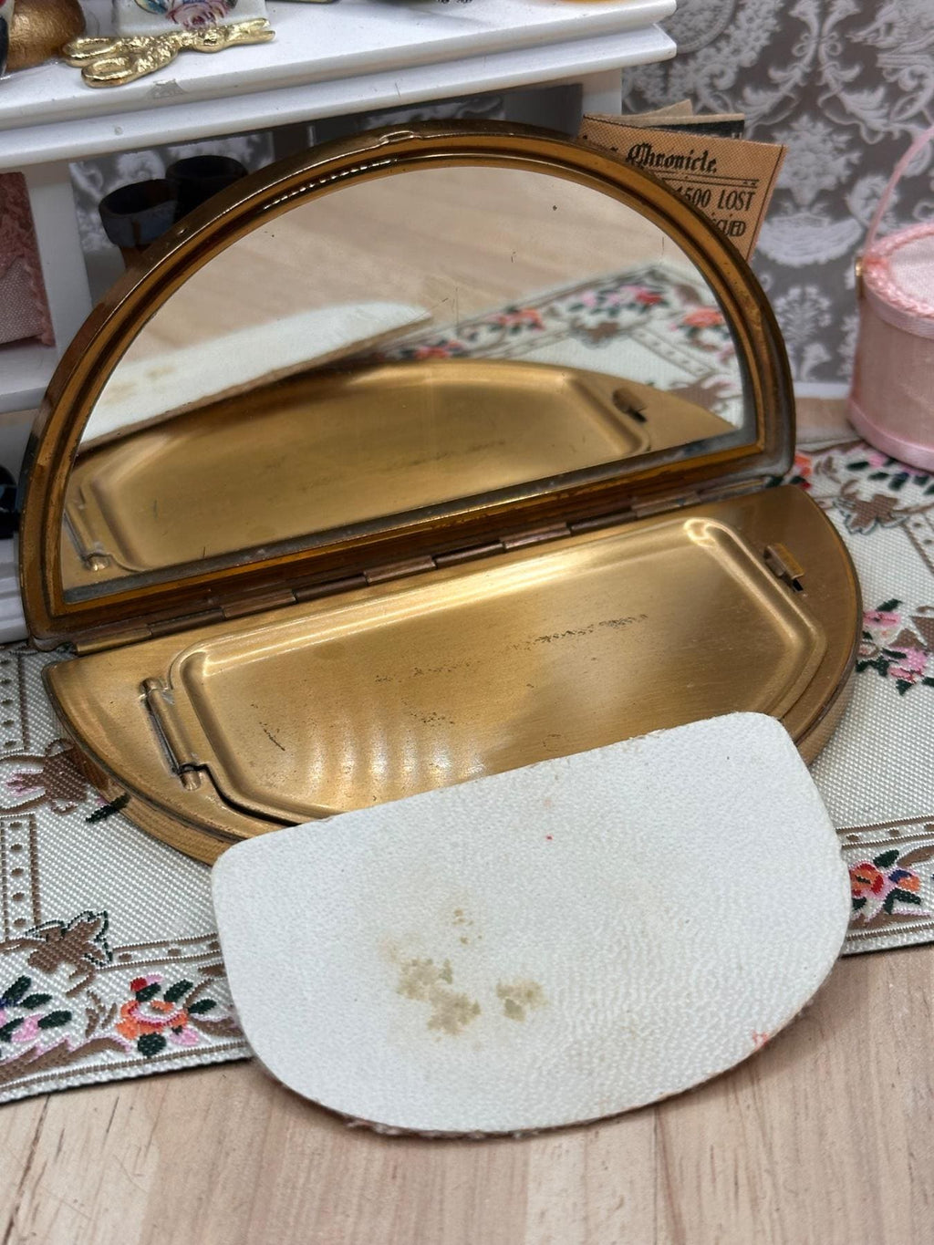 Vintage Half Moon Powder Compact Floral Panel Gold Tone 1950s