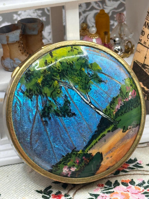 1930s Coty Paris Butterfly Wing Powder Compact – Blue Morpho Hand Painted Woodland Scene