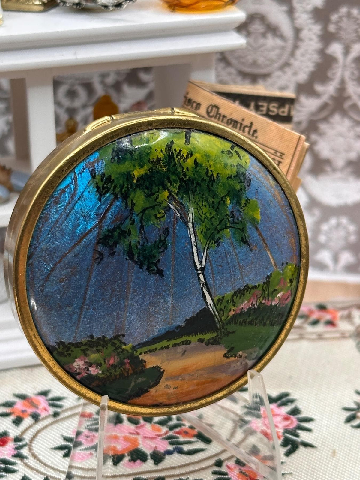 1930s Coty Paris Butterfly Wing Powder Compact – Blue Morpho Hand Painted Woodland Scene