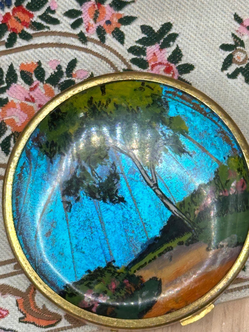 1930s Coty Paris Butterfly Wing Powder Compact – Blue Morpho Hand Painted Woodland Scene