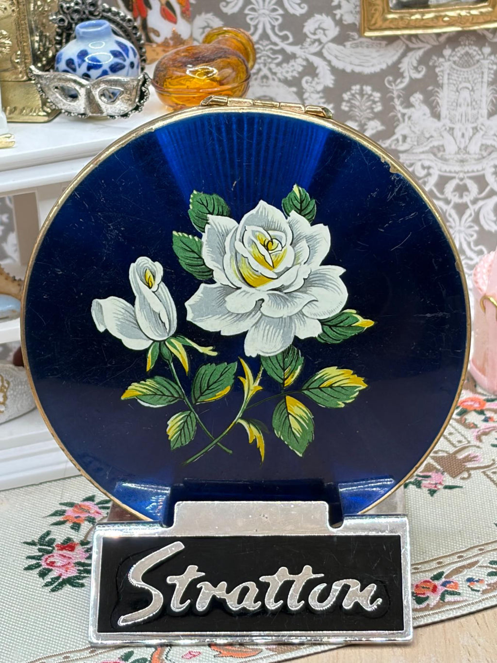 Vintage Stratton Powder Compact Navy Blue White Rose Floral 1950s