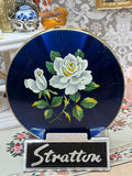 Vintage Stratton Powder Compact Navy Blue White Rose Floral 1950s
