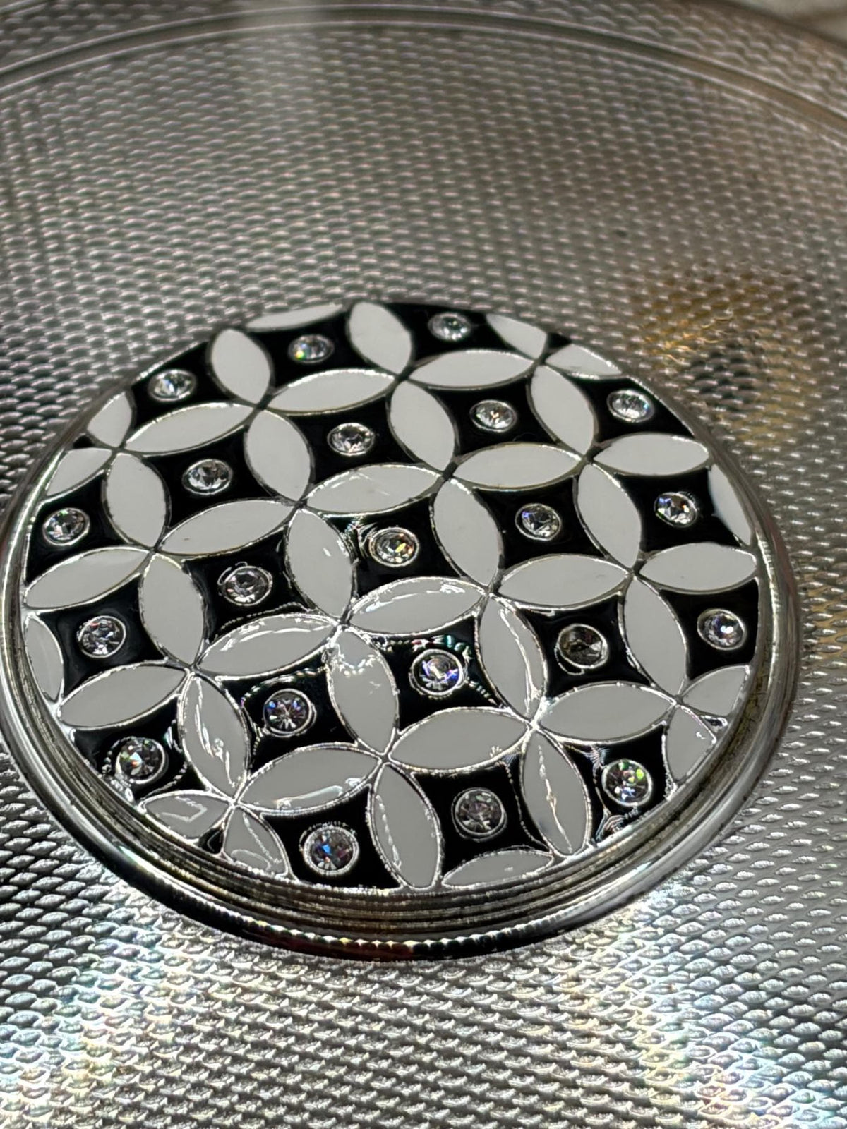 Vintage Stratton Powder Compact White Enamel Rhinestone Appliqué with Puff & Quilted Pouch, 1970s